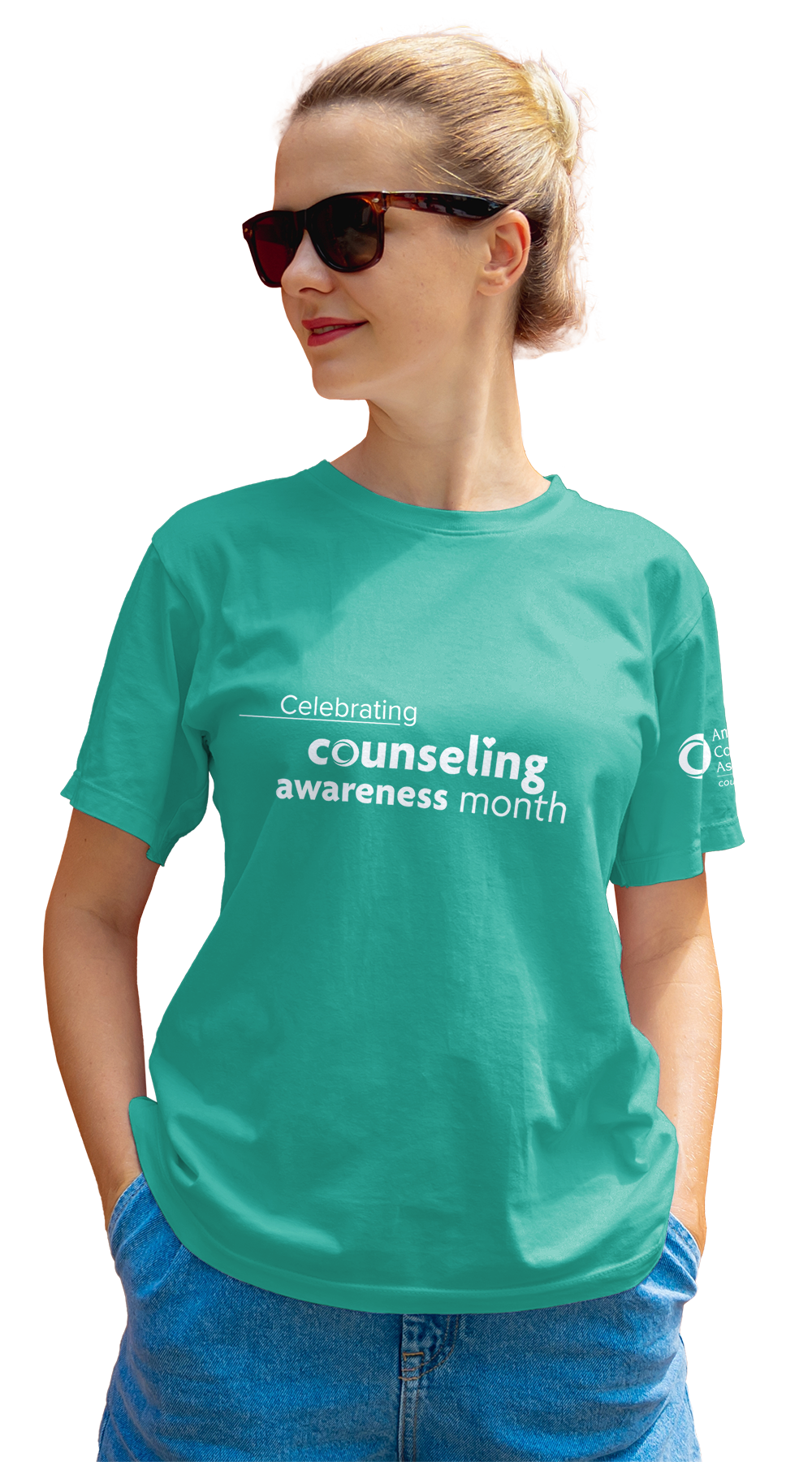 Woman wearing teal day counseling awareness month t-shirt