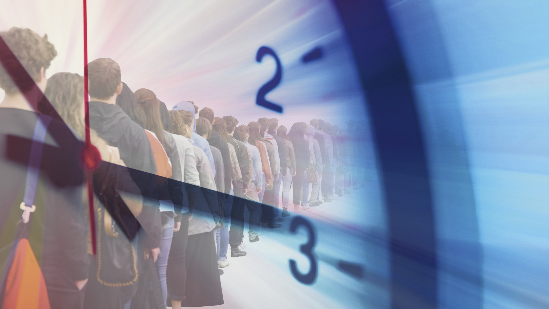 Clock overlaid on a line of people