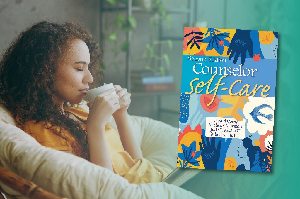 Gerald Corey and Michelle Muratori sit together holding a copy of Counselor Self-Care, second edition