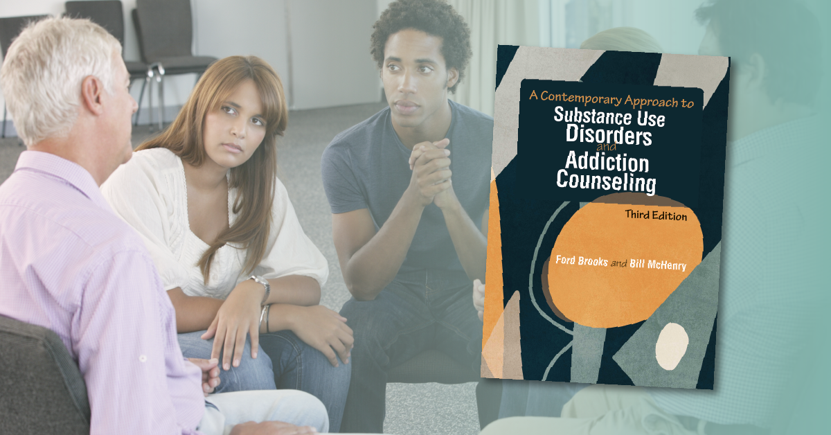 A image of a support group with two younger people facing an older man; beside the image is the cover of the third edition of A Contemporary Approach to Substance Use Disorders and Addiction Counseling