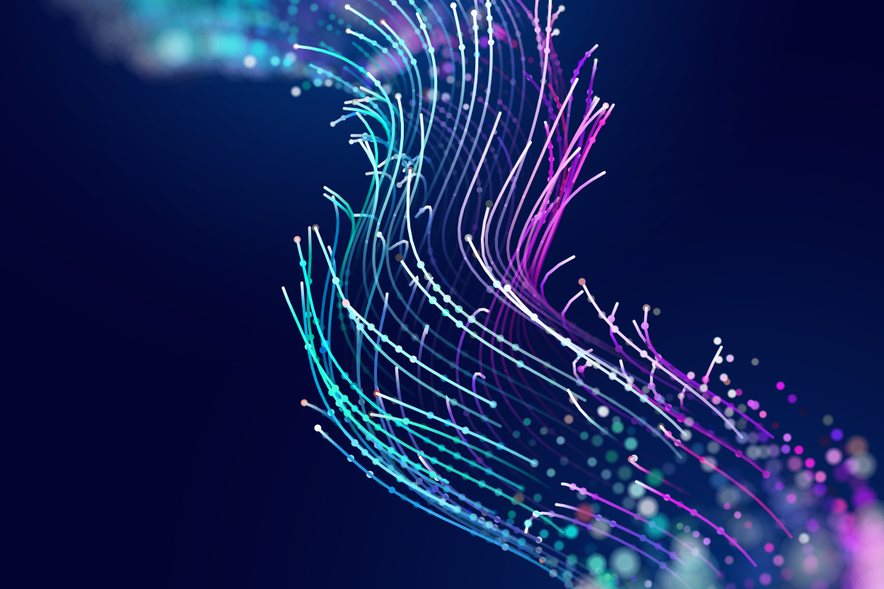 blue background with blue, purple, pink, and white strand of lines and lights indicating neural networks and technology