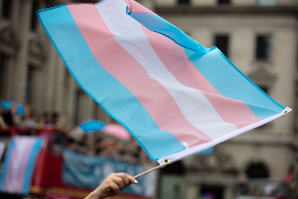 A transgender flag being waved at LGBTQ+ gay pride march